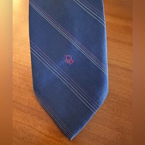 Christian Dior Vintage 90s Tie Navy Stripe Dior Designer Logo Made In USA